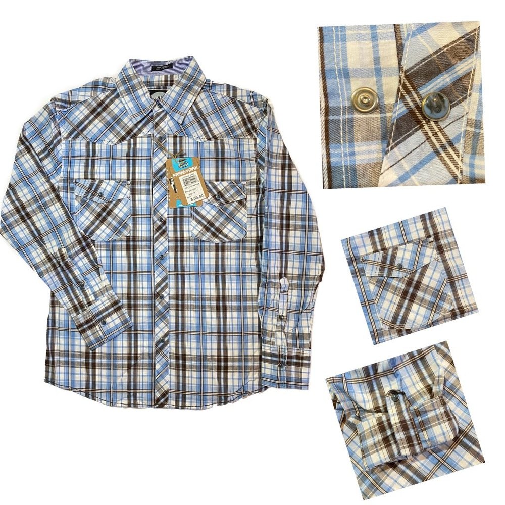 Franky Max Plaid Snap on Buttons Long Sleeve Shirt Size M Blue